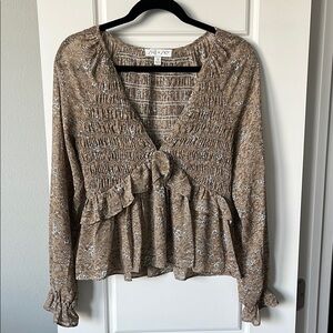 She + Sky Tan Smocked Ruffled Blouse